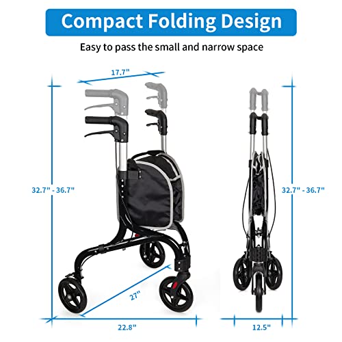 Planetwalk Premium 3 Wheel Rollator Walker for Seniors - Ultra Lightweight Foldable Walker for Elderly, Aluminum Three Wheel Mobility Aid, Black