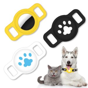 3 PCS Air Tag Dog Collar Holder for Apple Airtag Silicone Case Cover Accessory for Pets Dogs Cats Small Pet Animals Safety Apple Airtag Tracking Locator Anti-Lost Tracker Finder(Black White Yellow)