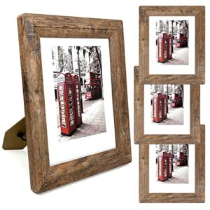8x10 picture frames set, set of 4 wooden picture frames real tempered glass and composite wooden rustic rounded corners photo display for tabletop wall mount with hanging hardware and stand (brown)