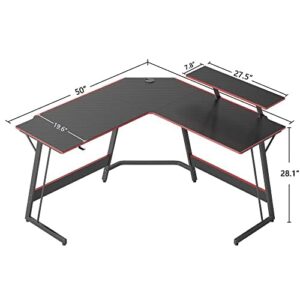 CubiCubi Flame Gaming Desk 50.4” with LED Strip & Monitor Stand, L Shaped Computer Desk Carbon Fiber Surface Gaming PC Table