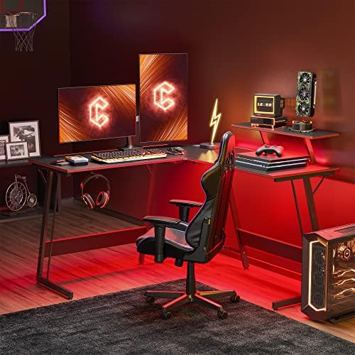 CubiCubi Flame Gaming Desk 50.4” with LED Strip & Monitor Stand, L Shaped Computer Desk Carbon Fiber Surface Gaming PC Table