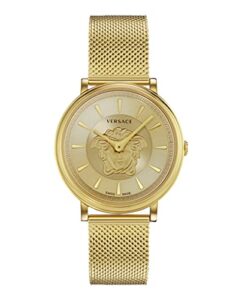 versace womens gold tone swiss made watch. v-circle medusa collection. high fashion adjustable gold bracelet. featuring medusa head icon embedded on gold dial.
