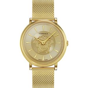 Versace Womens Gold Tone Swiss Made Watch. V-Circle Medusa Collection. High Fashion Adjustable Gold Bracelet. Featuring Medusa Head Icon Embedded on Gold Dial.