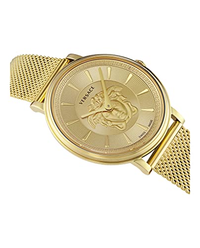Versace Womens Gold Tone Swiss Made Watch. V-Circle Medusa Collection. High Fashion Adjustable Gold Bracelet. Featuring Medusa Head Icon Embedded on Gold Dial.