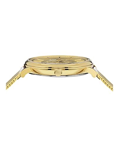 Versace Womens Gold Tone Swiss Made Watch. V-Circle Medusa Collection. High Fashion Adjustable Gold Bracelet. Featuring Medusa Head Icon Embedded on Gold Dial.