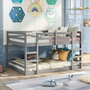 bunk beds full over full low bunk bed frame wood floor bunkbed for kids toddlers boys girls teens’ bedroom dorm, gray