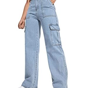 SweatyRocks Women's High Waist Cargo Jeans Flap Pocket Wide Leg Denim Pants Light Wash S