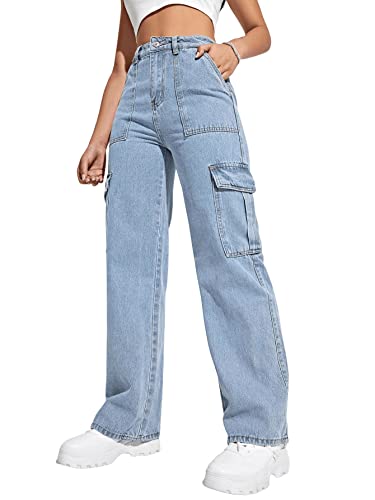 SweatyRocks Women's High Waist Cargo Jeans Flap Pocket Wide Leg Denim Pants Light Wash S