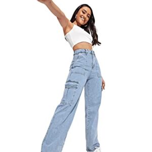 SweatyRocks Women's High Waist Cargo Jeans Flap Pocket Wide Leg Denim Pants Light Wash S