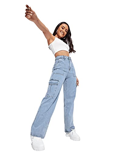 SweatyRocks Women's High Waist Cargo Jeans Flap Pocket Wide Leg Denim Pants Light Wash S