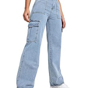 SweatyRocks Women's High Waist Cargo Jeans Flap Pocket Wide Leg Denim Pants Light Wash S