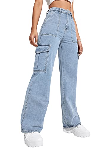 SweatyRocks Women's High Waist Cargo Jeans Flap Pocket Wide Leg Denim Pants Light Wash S