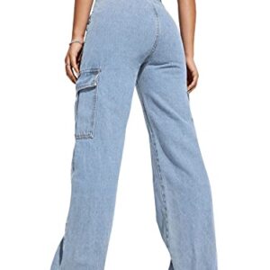 SweatyRocks Women's High Waist Cargo Jeans Flap Pocket Wide Leg Denim Pants Light Wash S