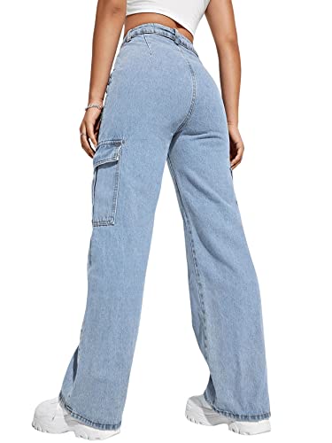 SweatyRocks Women's High Waist Cargo Jeans Flap Pocket Wide Leg Denim Pants Light Wash S