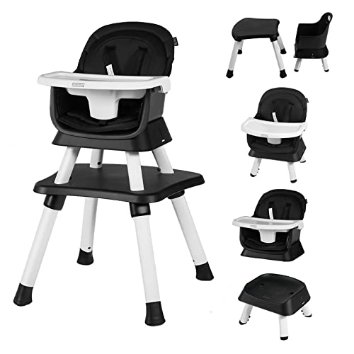 Kinder King 8 in 1 Baby High Chair, Coverts to Dining Booster Seat/Kids Table & Chair Set/Toddler Building Block Table/Kids Stool, Removable Tray & Double Seat Cover, Easy to Wipe, Black