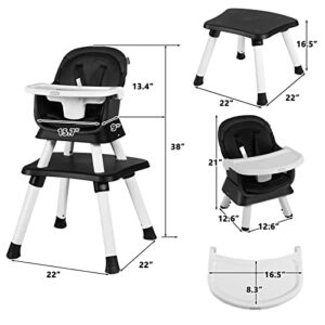 Kinder King 8 in 1 Baby High Chair, Coverts to Dining Booster Seat/Kids Table & Chair Set/Toddler Building Block Table/Kids Stool, Removable Tray & Double Seat Cover, Easy to Wipe, Black