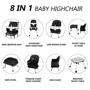 Kinder King 8 in 1 Baby High Chair, Coverts to Dining Booster Seat/Kids Table & Chair Set/Toddler Building Block Table/Kids Stool, Removable Tray & Double Seat Cover, Easy to Wipe, Black