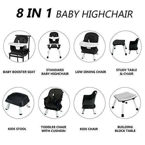 Kinder King 8 in 1 Baby High Chair, Coverts to Dining Booster Seat/Kids Table & Chair Set/Toddler Building Block Table/Kids Stool, Removable Tray & Double Seat Cover, Easy to Wipe, Black