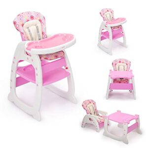 sandinrayli baby high chair, pink 3 in 1 highchairs, convertible plastic toddler eating chair with tray, portable feeding chair with 5-point harness