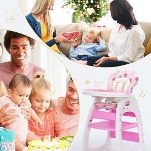 SANDINRAYLI Baby High Chair, Pink 3 in 1 Highchairs, Convertible Plastic Toddler Eating Chair with Tray, Portable Feeding Chair with 5-Point Harness