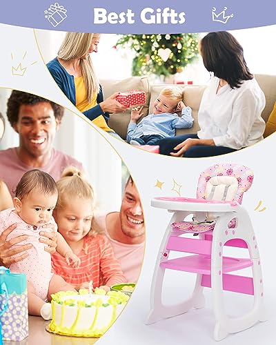 SANDINRAYLI Baby High Chair, Pink 3 in 1 Highchairs, Convertible Plastic Toddler Eating Chair with Tray, Portable Feeding Chair with 5-Point Harness