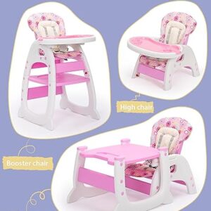 SANDINRAYLI Baby High Chair, Pink 3 in 1 Highchairs, Convertible Plastic Toddler Eating Chair with Tray, Portable Feeding Chair with 5-Point Harness