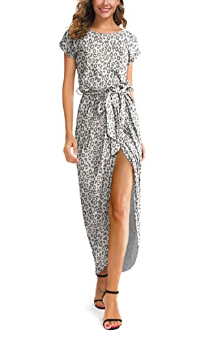 GRECERELLE Women's Short Sleeve Summer Dresses Elastic Waist Slit Casual Long Maxi Dress with Belt FP-Leopard Coffee-Large