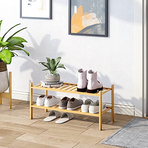 BMOSU 2-Tier Bamboo Shoe Rack Premium Stackable Shoe shelf Storage Organizer For Hallway Closet Living Room Entryway Organizer (Natural Bamboo)