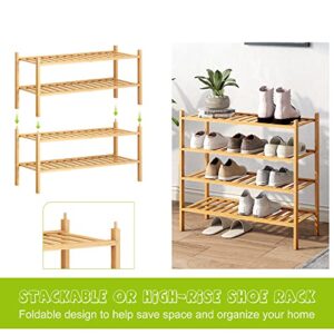 BMOSU 2-Tier Bamboo Shoe Rack Premium Stackable Shoe shelf Storage Organizer For Hallway Closet Living Room Entryway Organizer (Natural Bamboo)