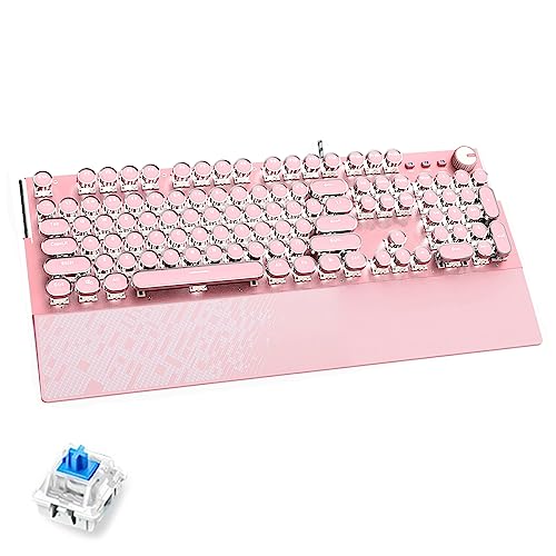 TONIZER Pink Mechanical Gaming Keyboard with White LED Backlit Keyboard with Palm Wrist Typewriter Style USB Wired Gaming Keyboard for PC Mac Laptop (Blue Switch)