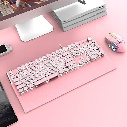 TONIZER Pink Mechanical Gaming Keyboard with White LED Backlit Keyboard with Palm Wrist Typewriter Style USB Wired Gaming Keyboard for PC Mac Laptop (Blue Switch)
