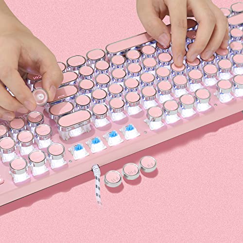 TONIZER Pink Mechanical Gaming Keyboard with White LED Backlit Keyboard with Palm Wrist Typewriter Style USB Wired Gaming Keyboard for PC Mac Laptop (Blue Switch)