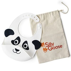 silly goose silicone animal baby bibs for babies and toddlers, waterproof, adjustable, soft, extra wide food catcher pocket (baby panda)