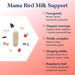 Mama Bird Milk Support, Breastfeeding, Lactation, Breast Milk Supply Increase, Fenugreek & Moringa Blend for Postpartum Nursing, Includes Bonus 10 Smoothie Recipes for New Moms, 60 Ct