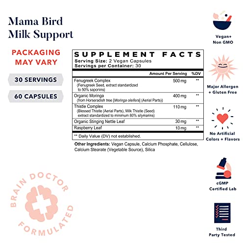 Mama Bird Milk Support, Breastfeeding, Lactation, Breast Milk Supply Increase, Fenugreek & Moringa Blend for Postpartum Nursing, Includes Bonus 10 Smoothie Recipes for New Moms, 60 Ct