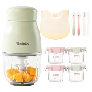 bololo baby food maker set, baby food mill, food processors set for baby food, fruit, vegatable, meat, 4 baby food containers, 2 silicone spoons, bib, cleaning set, one-touch blend directly
