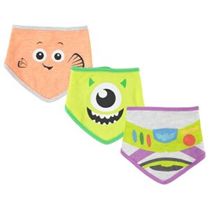 disney baby unisex bandana bib 3-pack - baby bibs featuring buzz lightyear, mike wazowski & marlin (orange/green/grey, 0-12m)