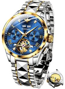 oupinke mens automatic watch blue skeleton mechanical luxury diamond self winding dress wrist watches sapphire crystal tungsten steel business gifts