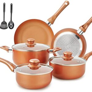 M MELENTA Pots and Pans Set Ultra Nonstick, Pre-Installed 11pcs Cookware Set Copper with Ceramic Coating, Stay cool handle & Nylon Kitchen Utensils, Gas/Induction Compatible, 100% PFOA Free