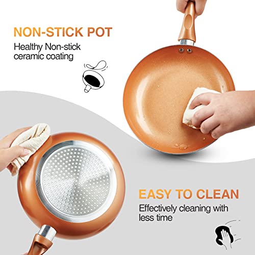 M MELENTA Pots and Pans Set Ultra Nonstick, Pre-Installed 11pcs Cookware Set Copper with Ceramic Coating, Stay cool handle & Nylon Kitchen Utensils, Gas/Induction Compatible, 100% PFOA Free