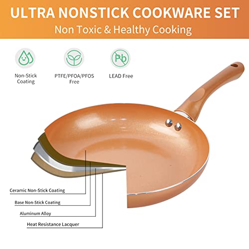 M MELENTA Pots and Pans Set Ultra Nonstick, Pre-Installed 11pcs Cookware Set Copper with Ceramic Coating, Stay cool handle & Nylon Kitchen Utensils, Gas/Induction Compatible, 100% PFOA Free