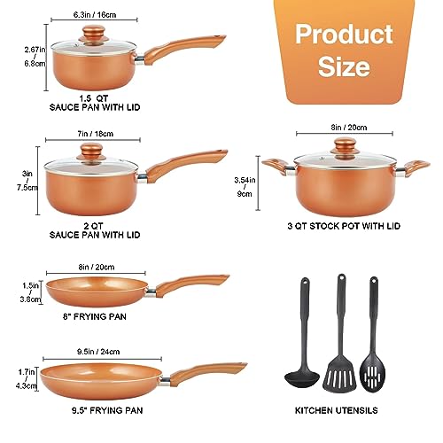 M MELENTA Pots and Pans Set Ultra Nonstick, Pre-Installed 11pcs Cookware Set Copper with Ceramic Coating, Stay cool handle & Nylon Kitchen Utensils, Gas/Induction Compatible, 100% PFOA Free