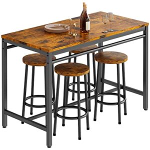 awqm bar table set, kitchen table and chairs for 4, industrial counter height pub dining set with 4 round bar stools, heavy duty metal frame, rustic brown and black
