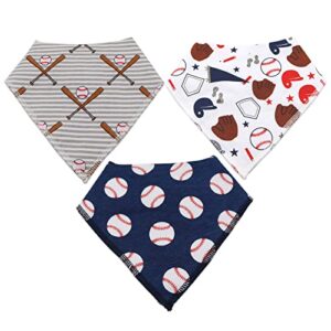 LNGLAT 3-Pack Baby Bandana Drool Bibs for Boys and Girls with Adjustable Snaps, Organic Cotton Soft and Absorbent Newborn bibs, Toddler Baby Baseball Pattern Bibs for Drooling and Teething