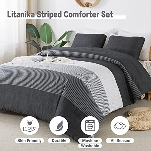 Litanika Full Size Comforter Set Black White Grey - 3 Pieces Lightweight Summer Bedding Set for Boys Men, All Season Down Alternative Comforter (1 Comforter, 2 Pillowcases)