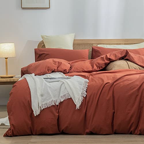 BESTOUCH Duvet Cover Set 100% Washed Cotton Linen Feel Super Soft Comfortable Chic Lightweight 3 PCs Home Bedding Set Crimson Red Queen