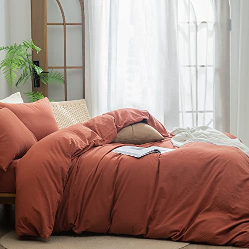 BESTOUCH Duvet Cover Set 100% Washed Cotton Linen Feel Super Soft Comfortable Chic Lightweight 3 PCs Home Bedding Set Crimson Red Queen