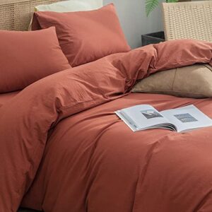 BESTOUCH Duvet Cover Set 100% Washed Cotton Linen Feel Super Soft Comfortable Chic Lightweight 3 PCs Home Bedding Set Crimson Red Queen