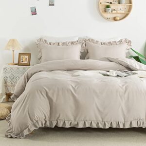 andency khaki duvet cover full(79x90inch), 3 pieces(1 ruffled duvet cover and 2 pillowcases) farmhouse shabby chic duvet cover, soft microfiber duvet cover set with zipper closure & corner ties