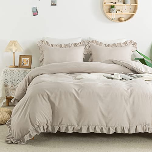 Andency Khaki Duvet Cover Full(79x90Inch), 3 Pieces(1 Ruffled Duvet Cover and 2 Pillowcases) Farmhouse Shabby Chic Duvet Cover, Soft Microfiber Duvet Cover Set with Zipper Closure & Corner Ties